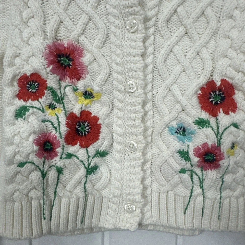 Baby Gap 18-24 Months Cable Knit Floral Embroidery Cardigan Ivory Frost Cotton